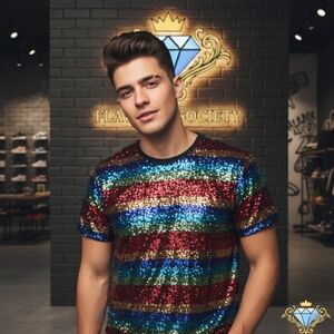 NWT Fashion Nova Multi-Color Striped Sequin Tee - Size Large Party Streetwear